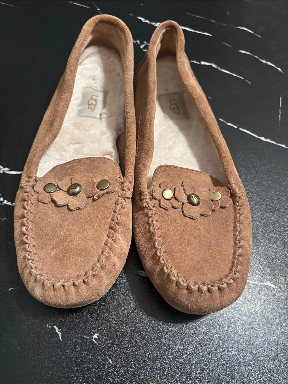 UGG Chestnut Suede Floral Studded Espadrille Flats